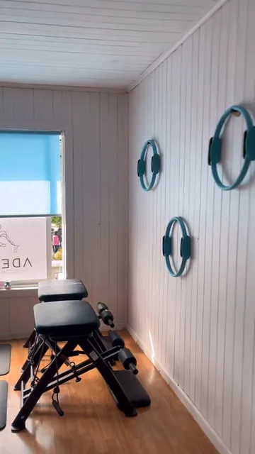 Aros de Pilates colgados en la pared de madera y equipo de la sala